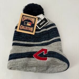 NWT Cleveland Guardians Cooperstown Beanie Hat Men OS Blue Gray Striped Pom Knit